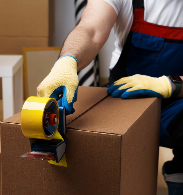 A man wearing blue gloves tapes a cardboard box