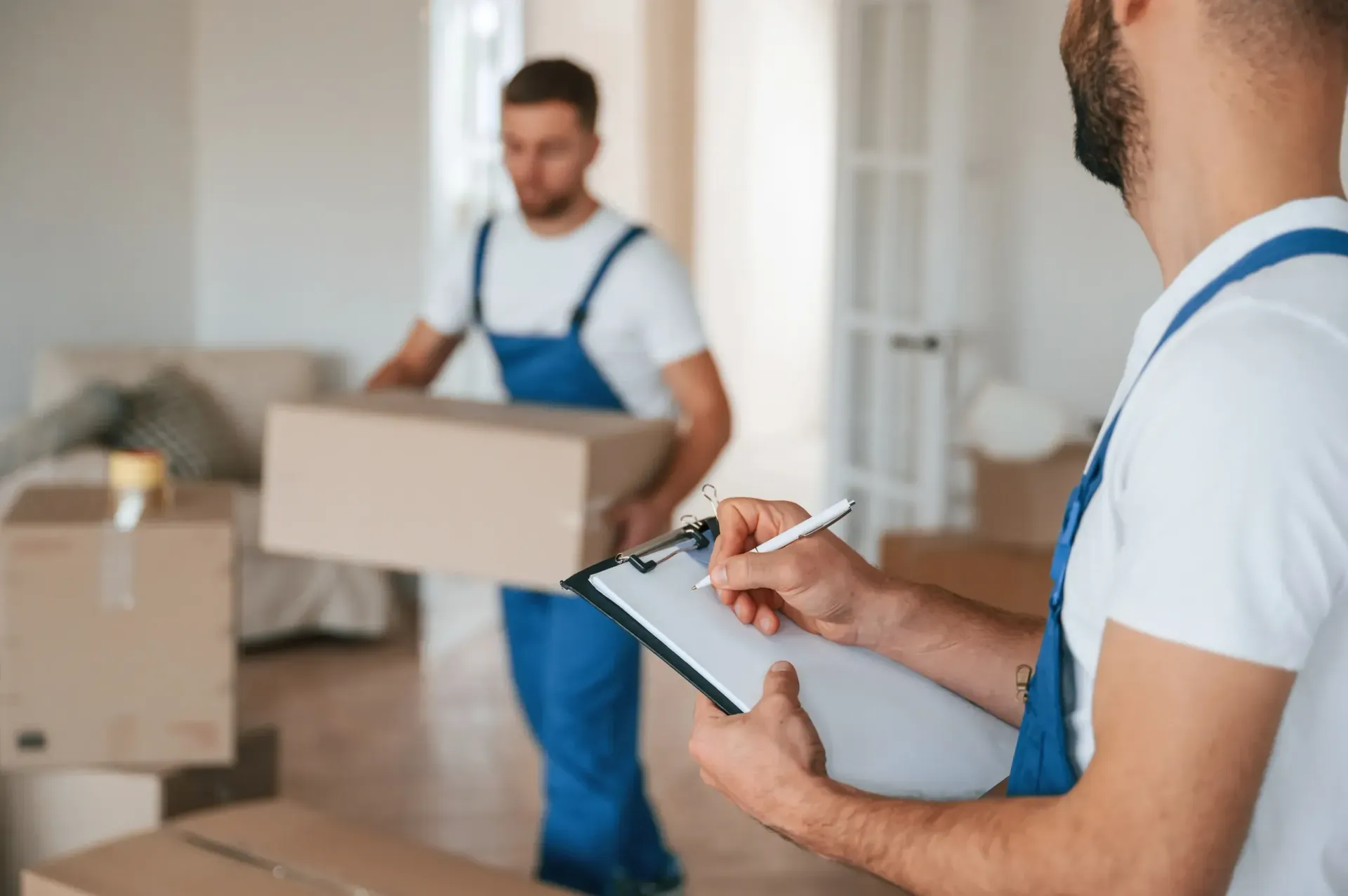 A man is writing on a clipboard while another man is carrying a box.