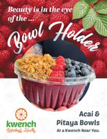 Bowl Holidays ad: acai and pitaya bowl with berries and granola, red berry background, Kwench logo.
