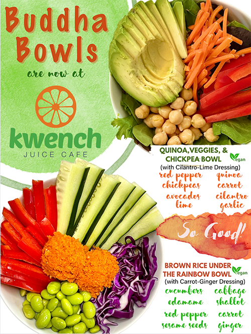Buddha bowls from Kwench Juice Cafe, with colorful veggie and grain bowl ingredients arranged on a poster