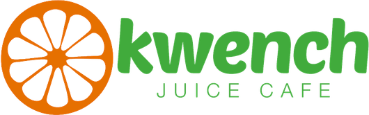 Kwench Juice Cafe logo with orange citrus slice icon and green text on a white background