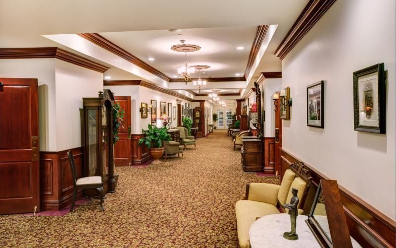 Elegant hotel hallway with patterned carpet, wood paneling, framed art, and beige chairs