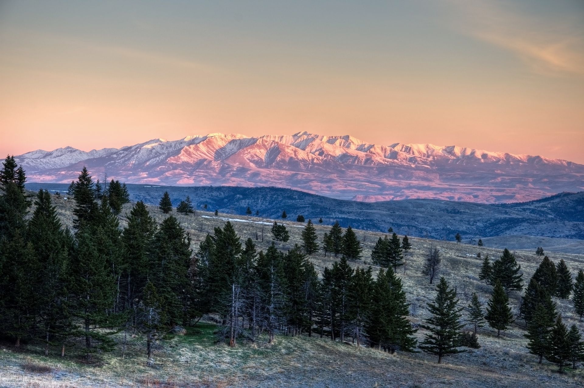 Mountains lit by sunrise, overlooking evergreen trees and rolling hills.