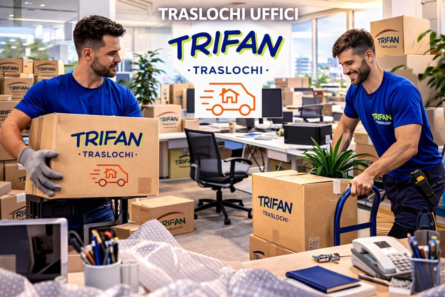 Trasloco uffici TRIFAN: due movers in maglietta blu in un ufficio con scatole e mobili imballati