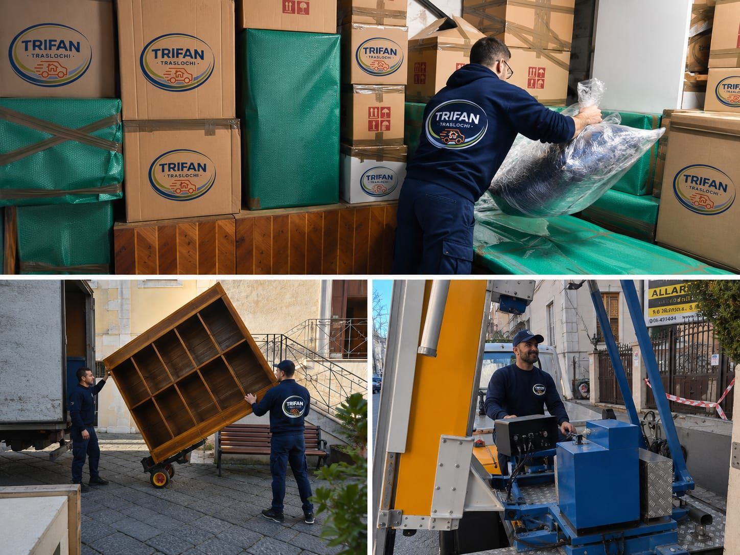 Un operaio sposta scatole imballate e mobili con un carrello elevatore in un magazzino/area di carico.