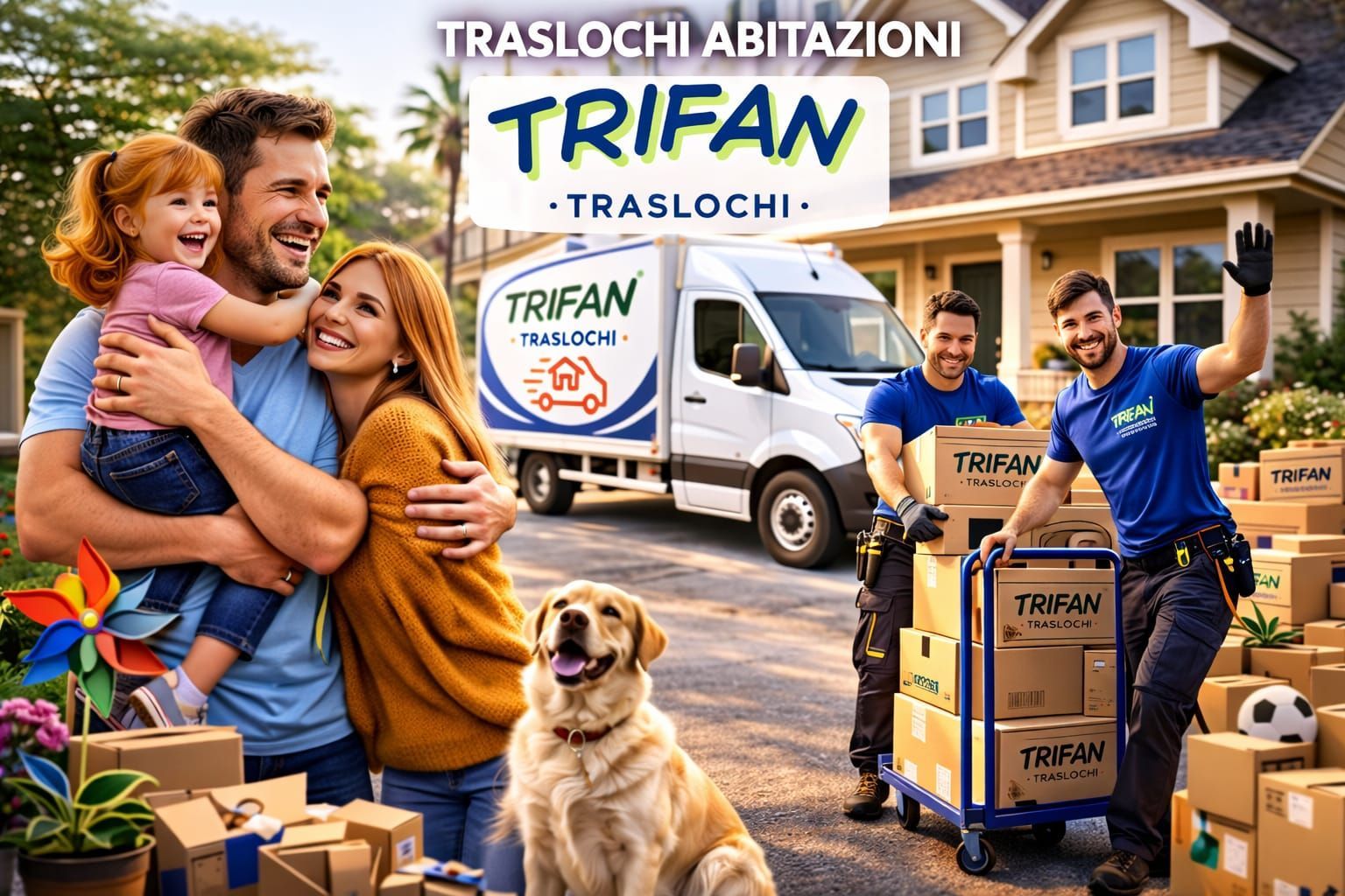 Pubblicità del servizio di traslochi TRIFAN con una famiglia sorridente, un furgone, i traslocatori, gli scatoloni e un cane davanti a una casa.