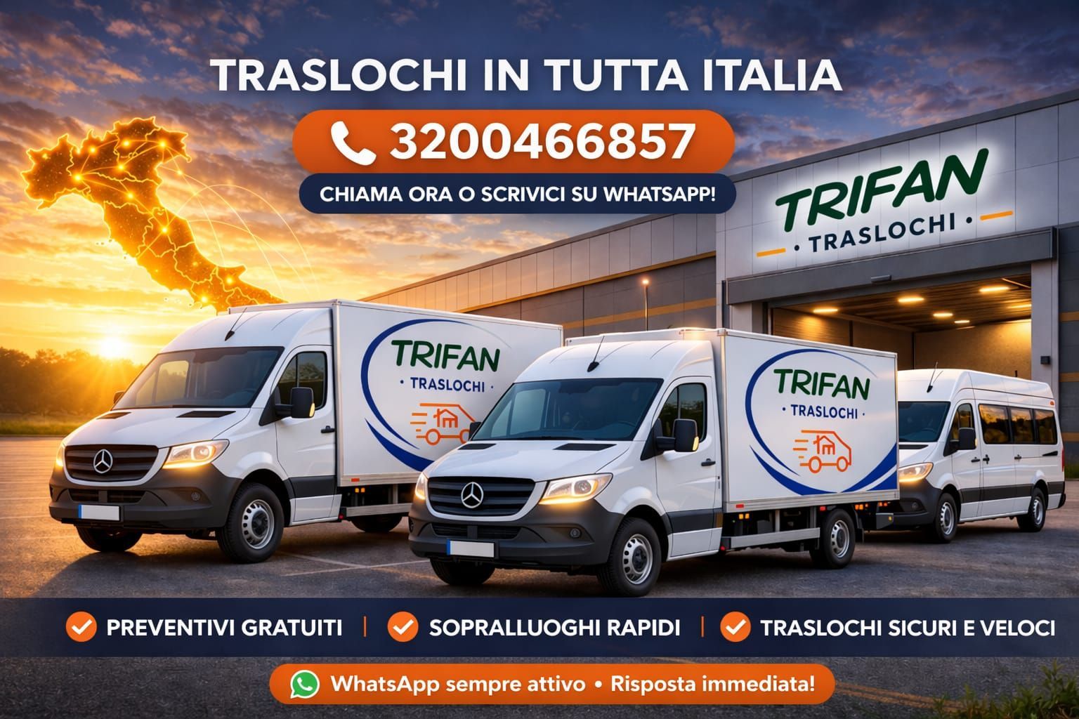 TRIFAN Traslochi ad in Italia, con tre furgoni al tramonto e contatti WhatsApp e telefono.