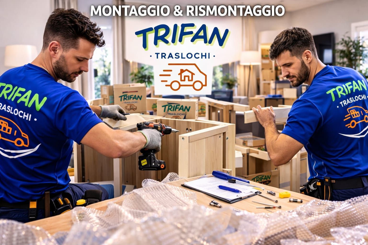 Traslocatori che assemblano mobili in un'officina, con il marchio TRIFAN Traslochi sullo sfondo.