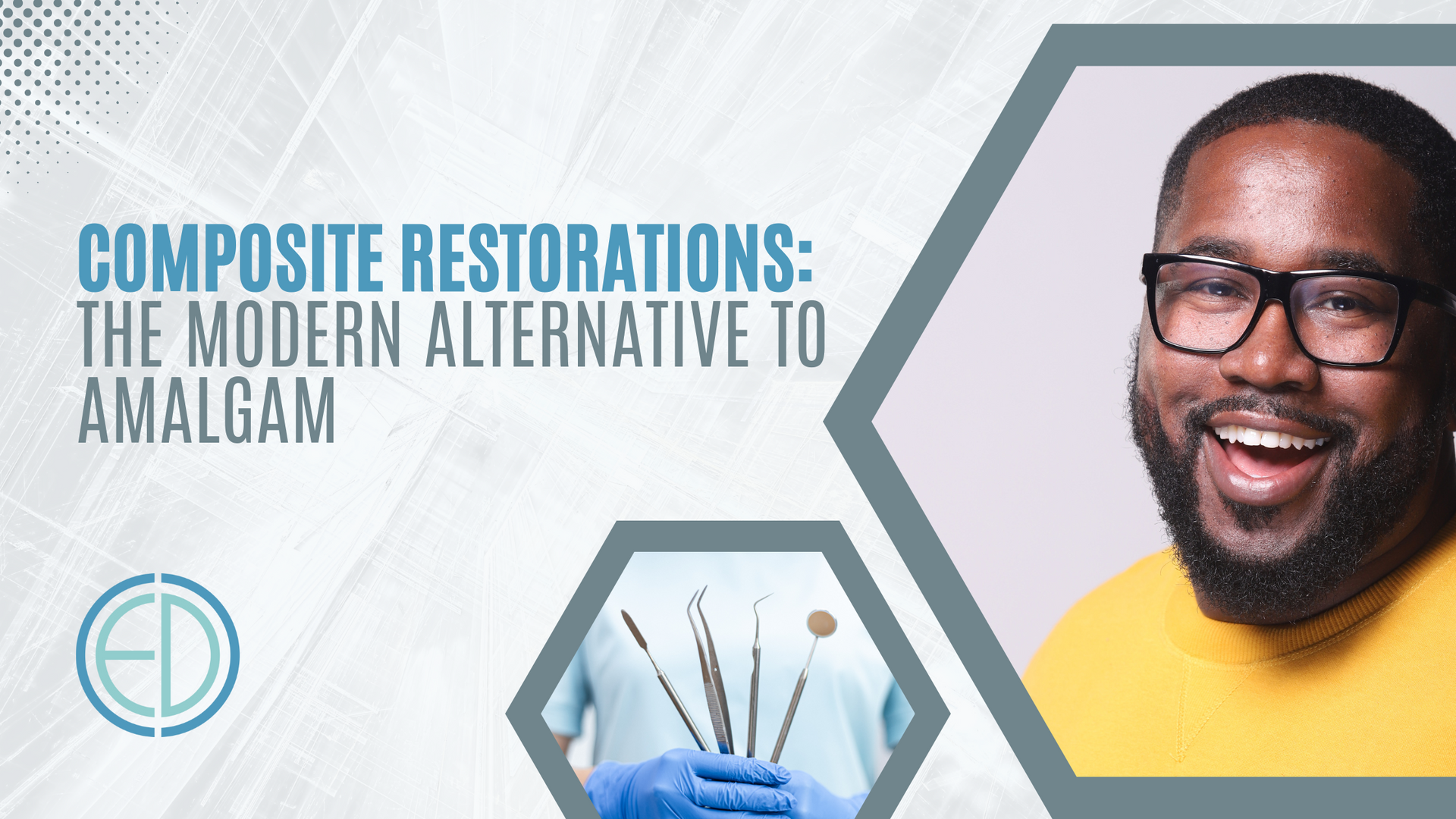 A man with glasses and a beard is smiling and holding dental instruments.