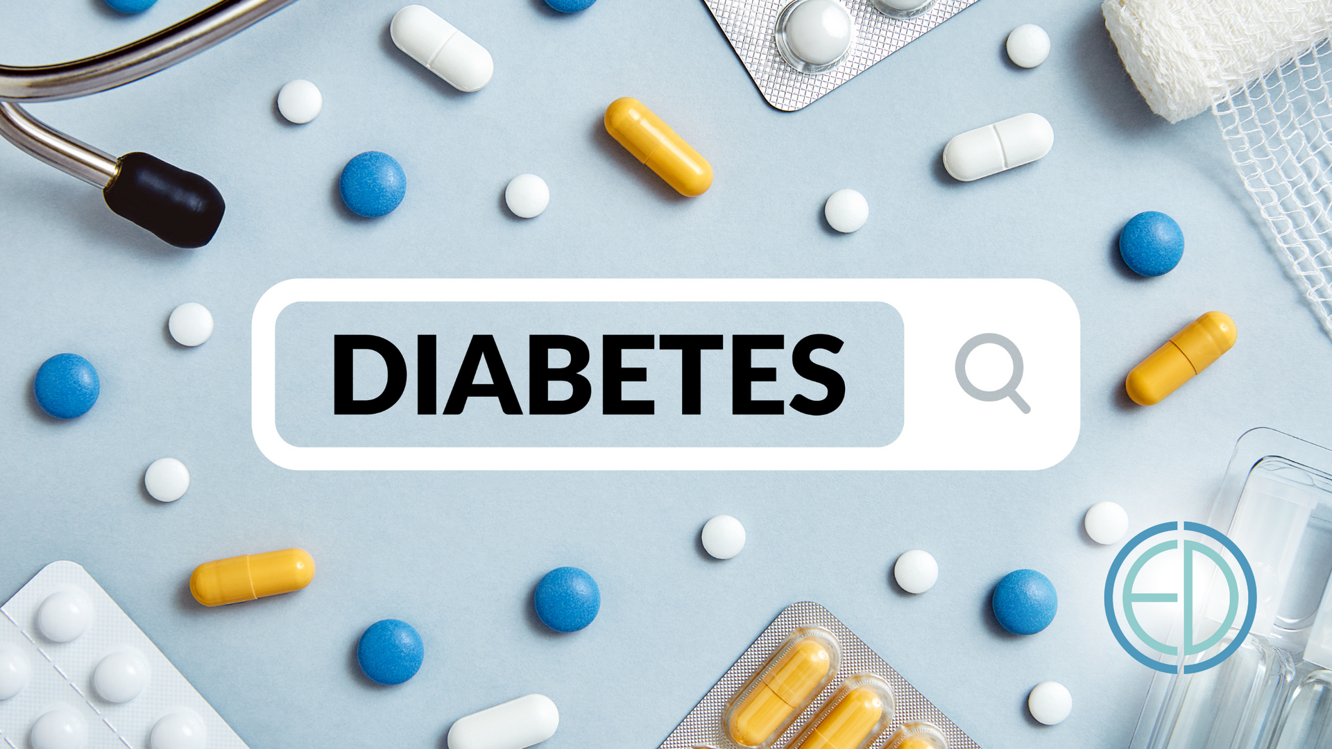 A search bar is surrounded by pills and a stethoscope.