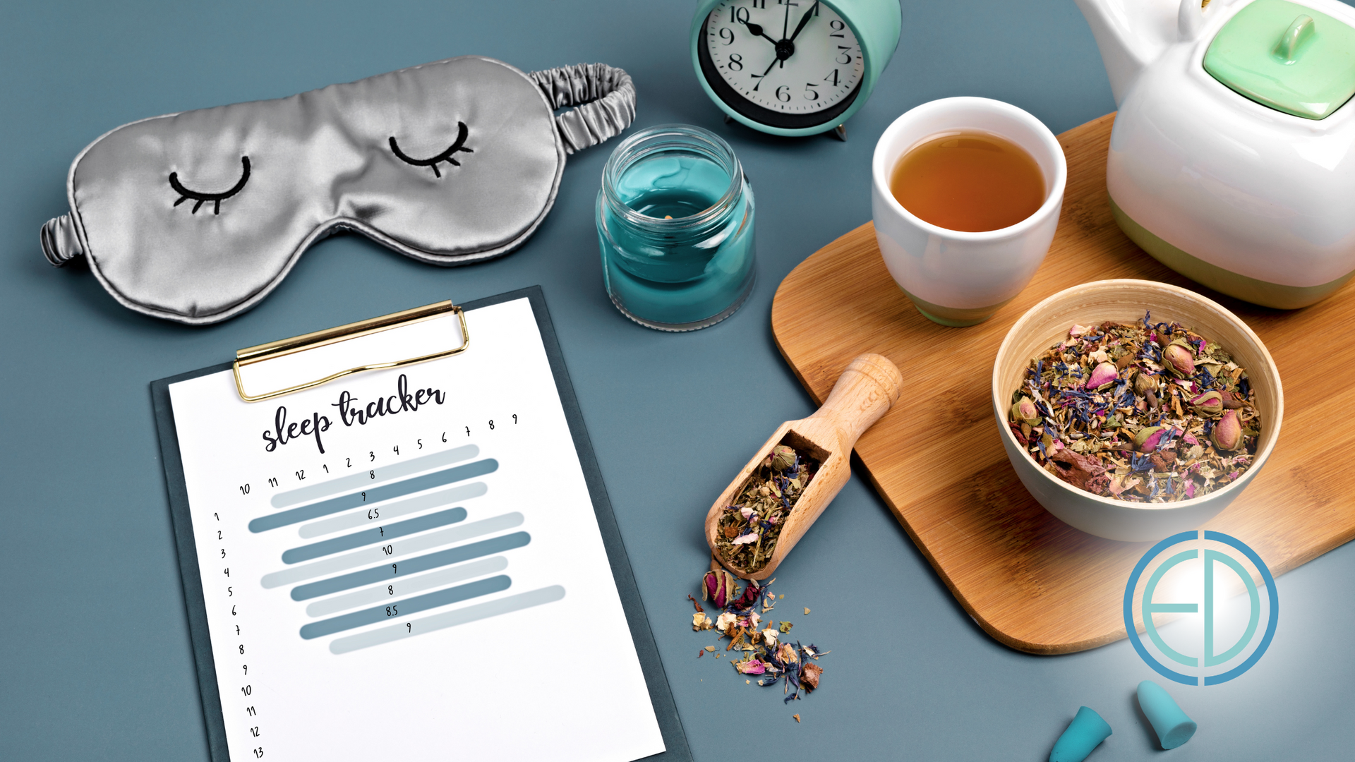 Sleep-themed still life: eye mask, tea, sleep tracker, clock, and ingredients arranged on a blue surface.