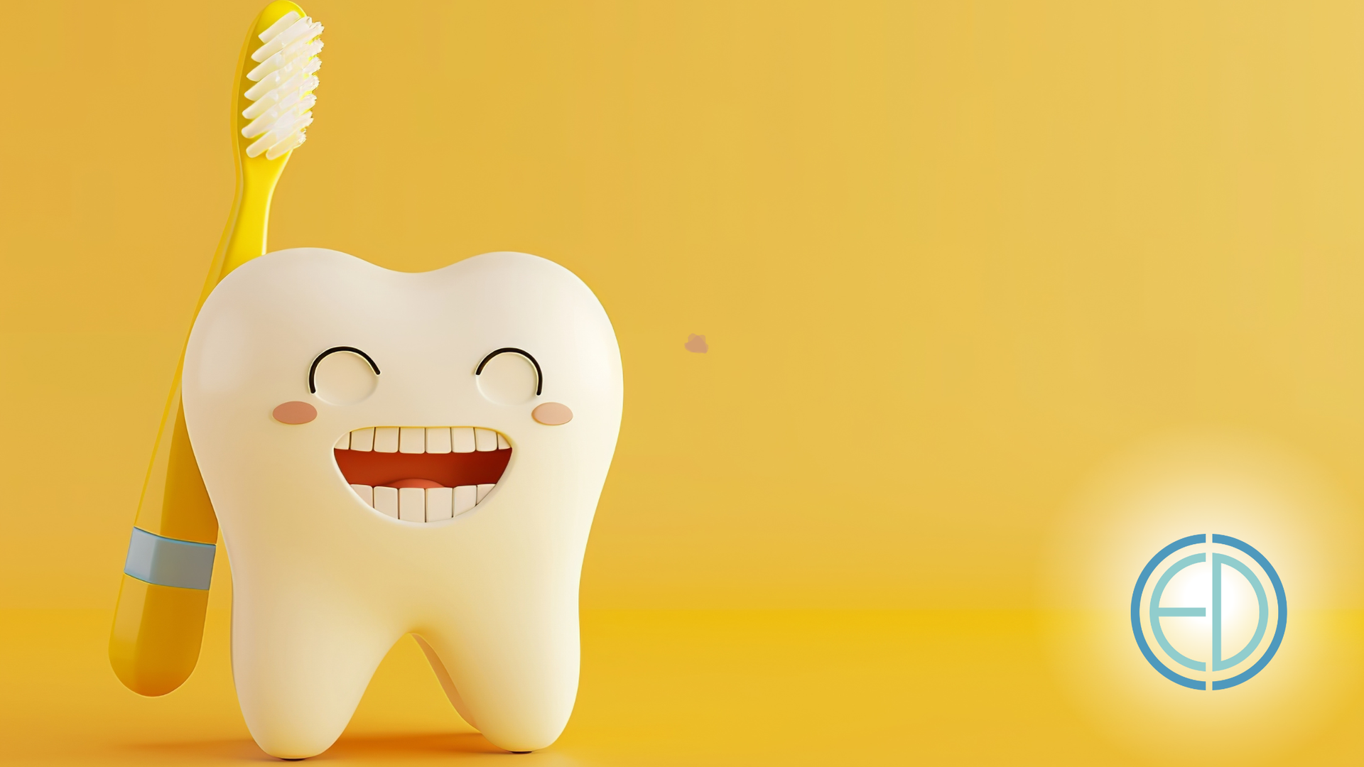 Smiling cartoon tooth with a yellow toothbrush on a yellow background.
