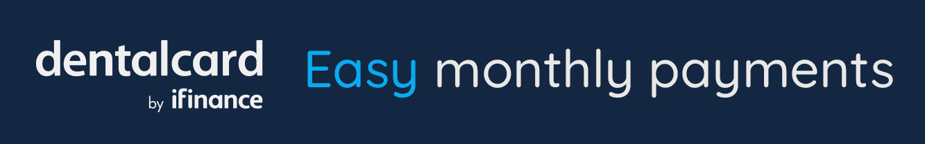 Dentalcare finance logo on dark blue banner with “Easy monthly payments” text