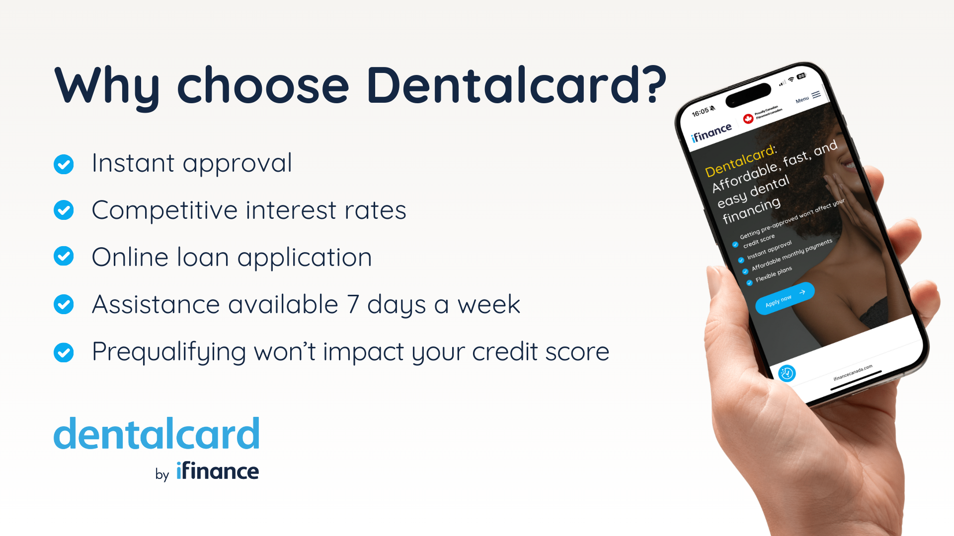 Dentalcard promo with app screenshot and hand holding a phone, listing benefits like instant approval and no credit score impact