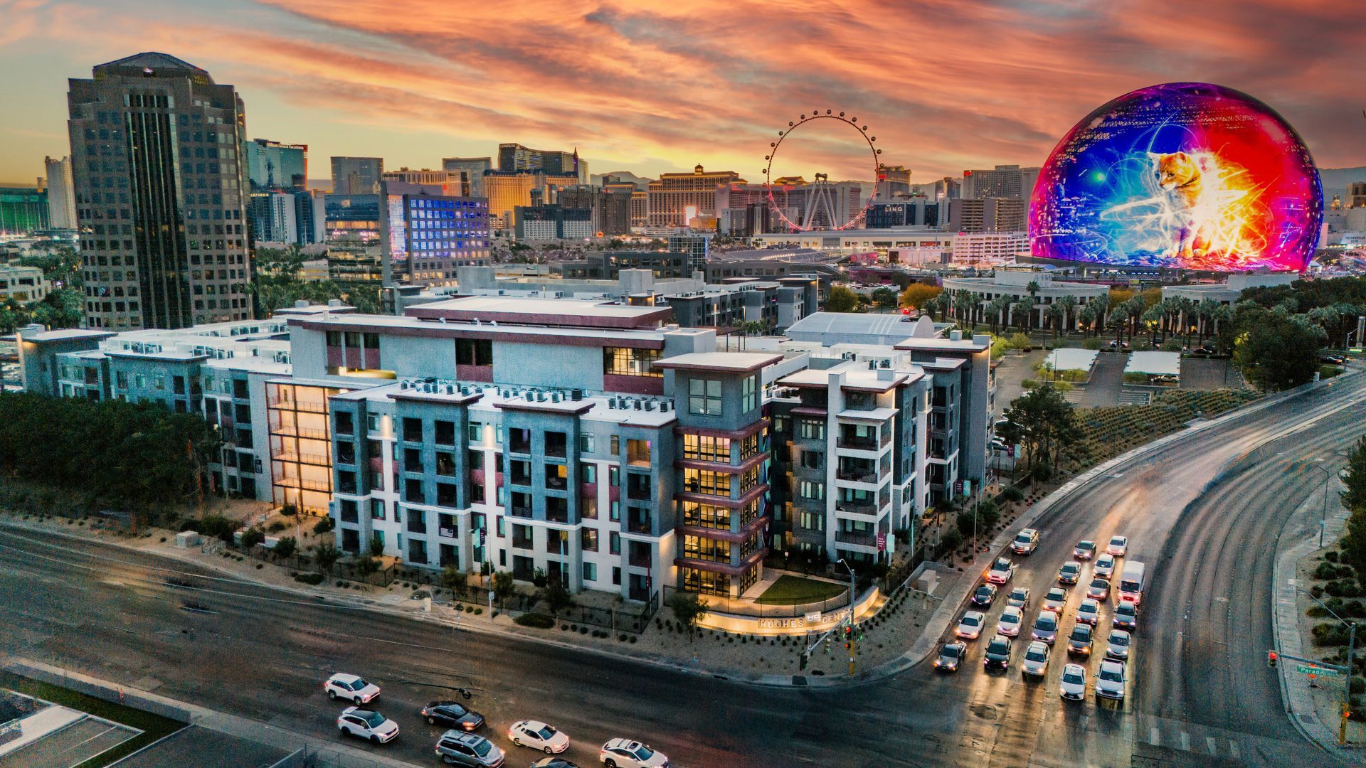 Modern buildings and a highway at sunset — architecture photography