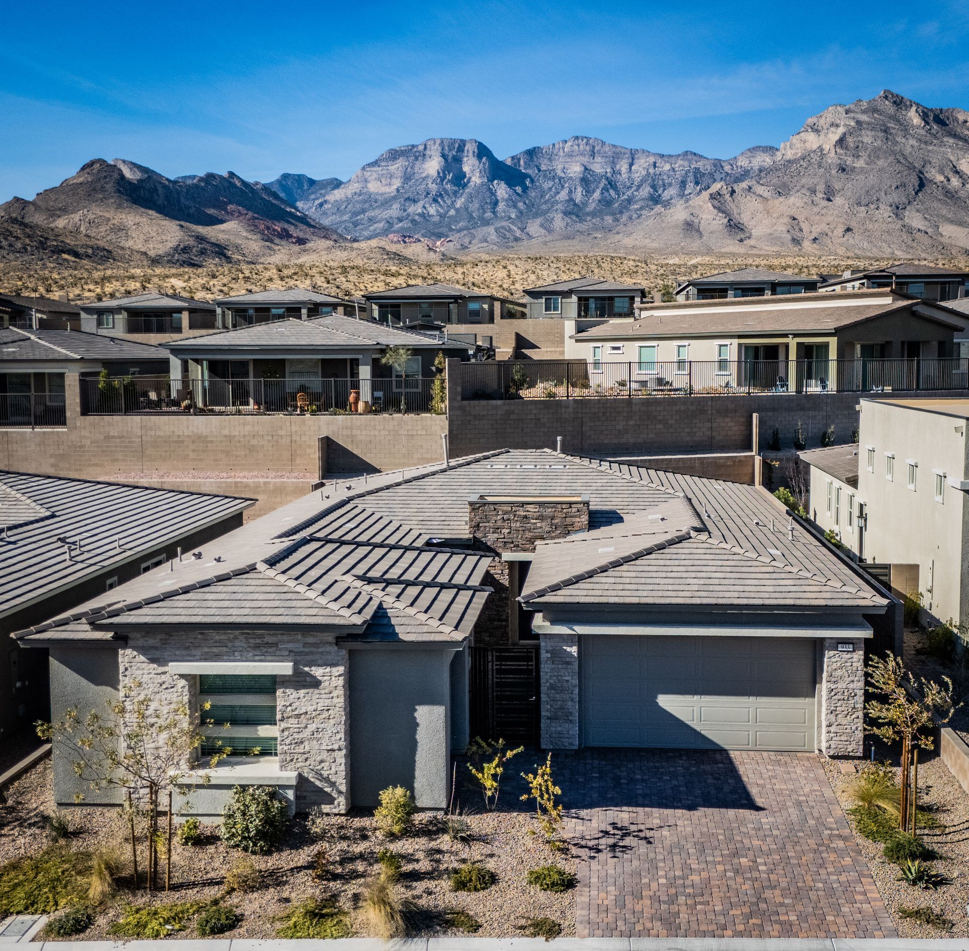 Single-story homes in a desert neighborhood with mountains under a clear blue sky — real estate photography