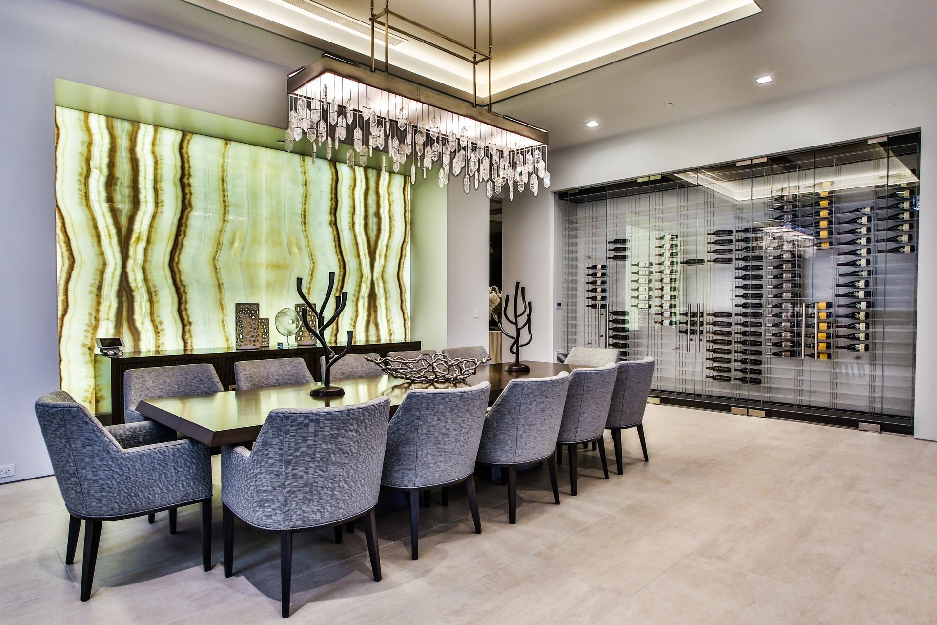 Modern conference room with long table, gray chairs — Las Vegas real estate photography