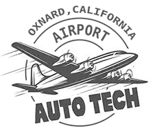 Black-and-white logo of a plane with text “Oxnard, California Airport” and “Auto Tech”