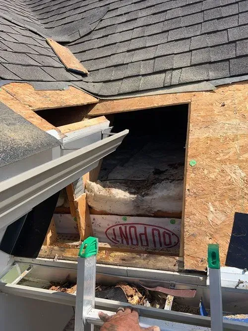 Damaged roof with a large opening exposing attic insulation and framing during repairs Damaged roof with a large opening exposing attic insulation and framing during repairs