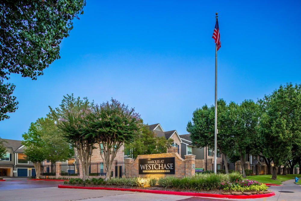 Community sign at Marquis at Westchase in Houston, TX.