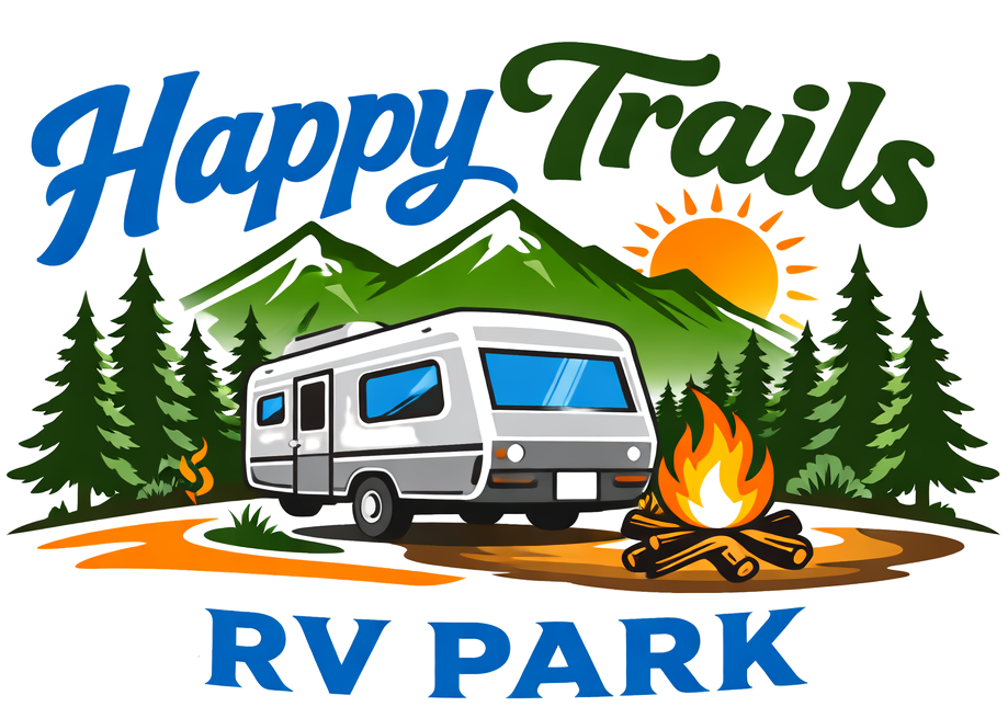 Happy Trails RV Park logo with a white camper, campfire, forest, mountains, and sun in blue and green.