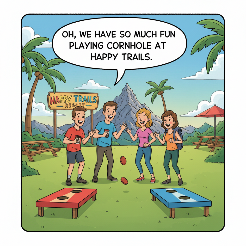 Four people playing cornhole at Happy Trails Resort, surrounded by palm trees and a mountain in the background.
