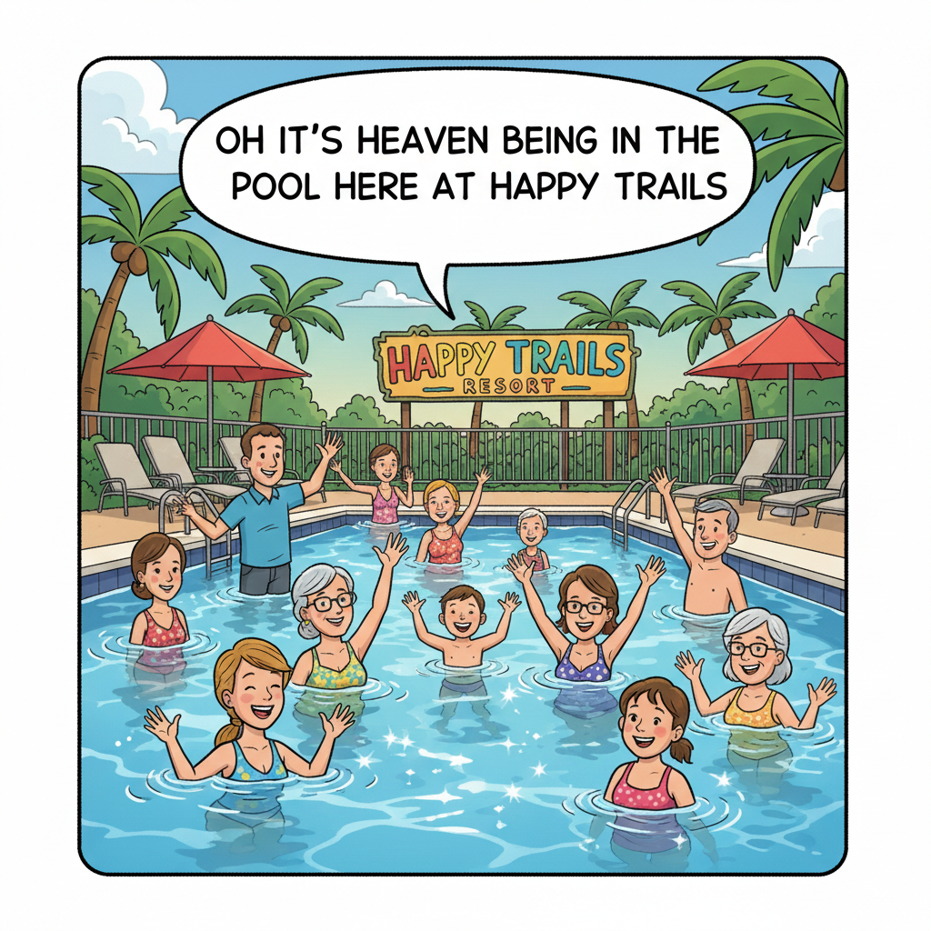 A diverse group of people splashing and smiling in a sunny resort pool beneath a sign reading Happy Trails.