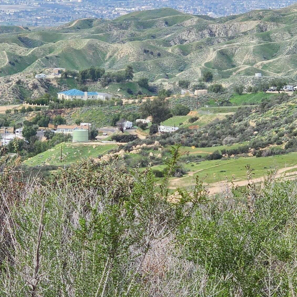 Rolling green hills under a hazy sky, with scattered houses, trees, and a water tank in the valley below.
