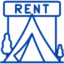 Blue icon of a tent under a sign that says
