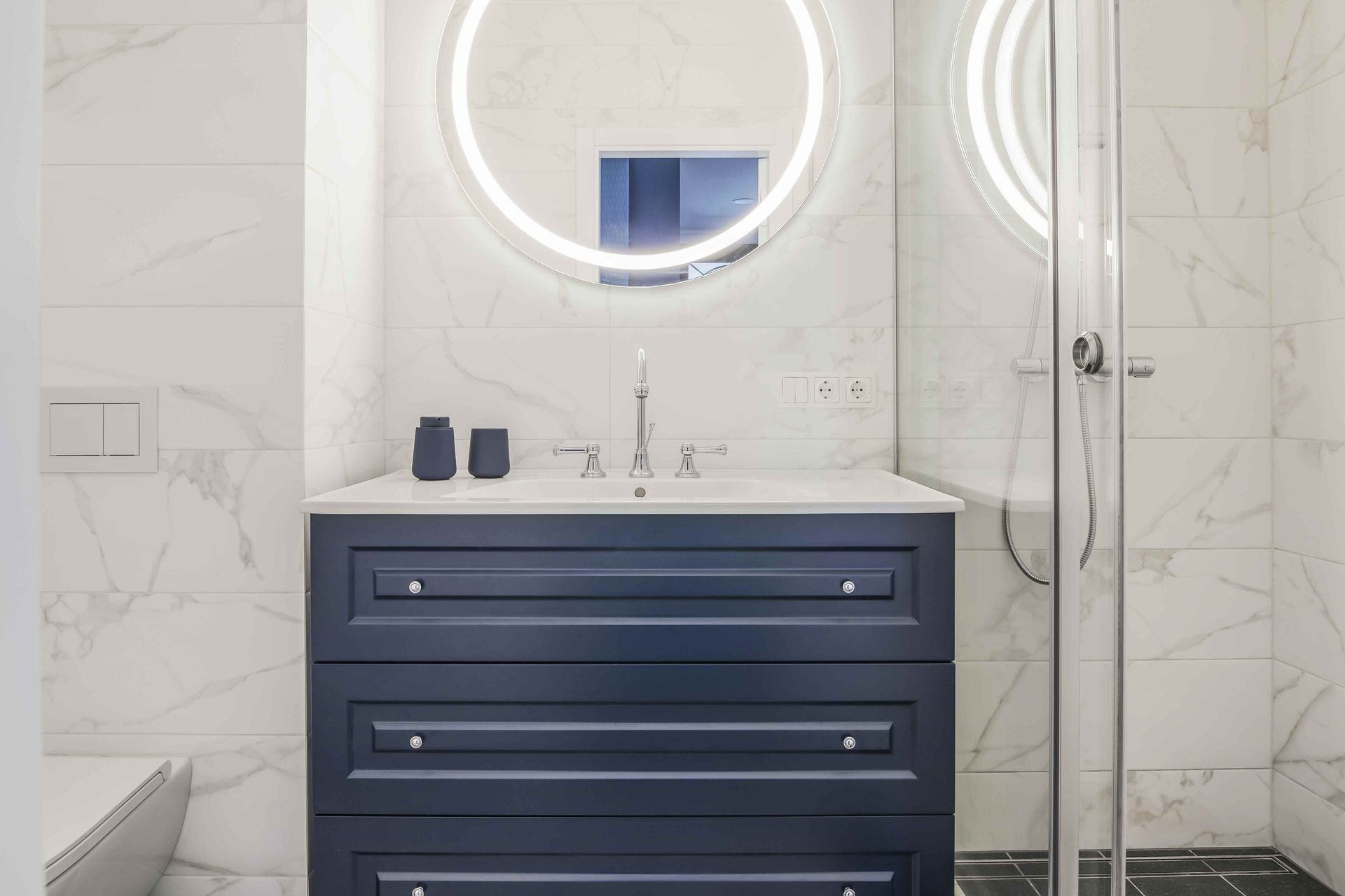 a blue bathroom vanity