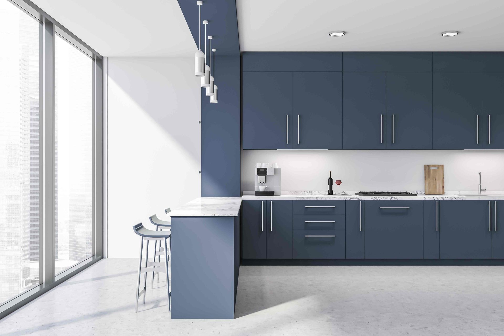 Blue custom cabinets for a modern kitchen remodeling job of one of our customers