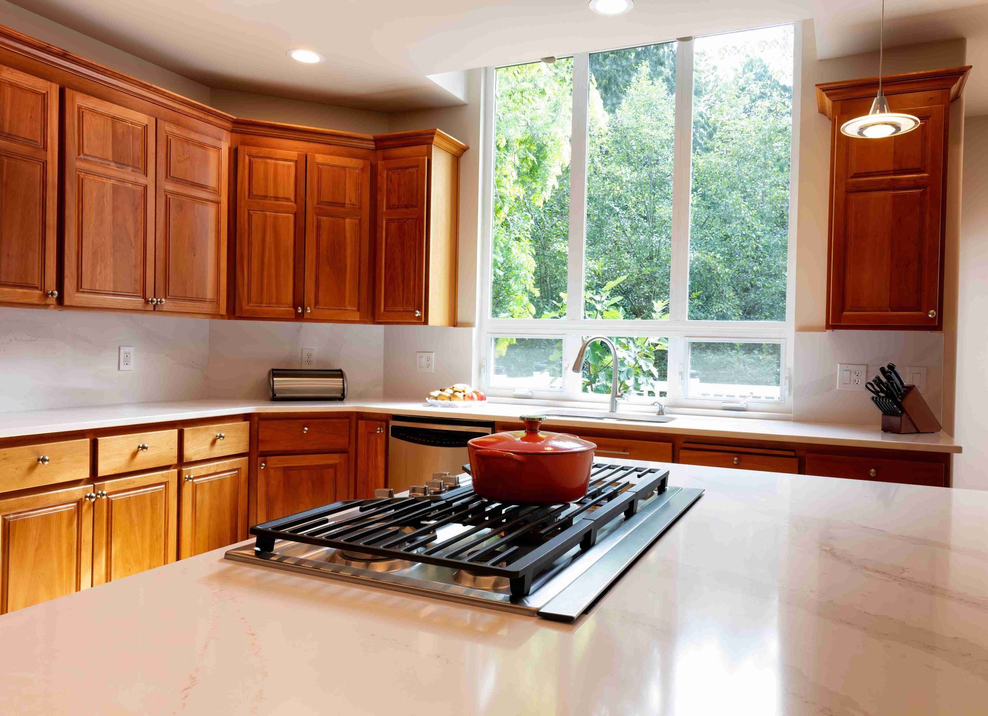 cabinets newly refinished in kitchen