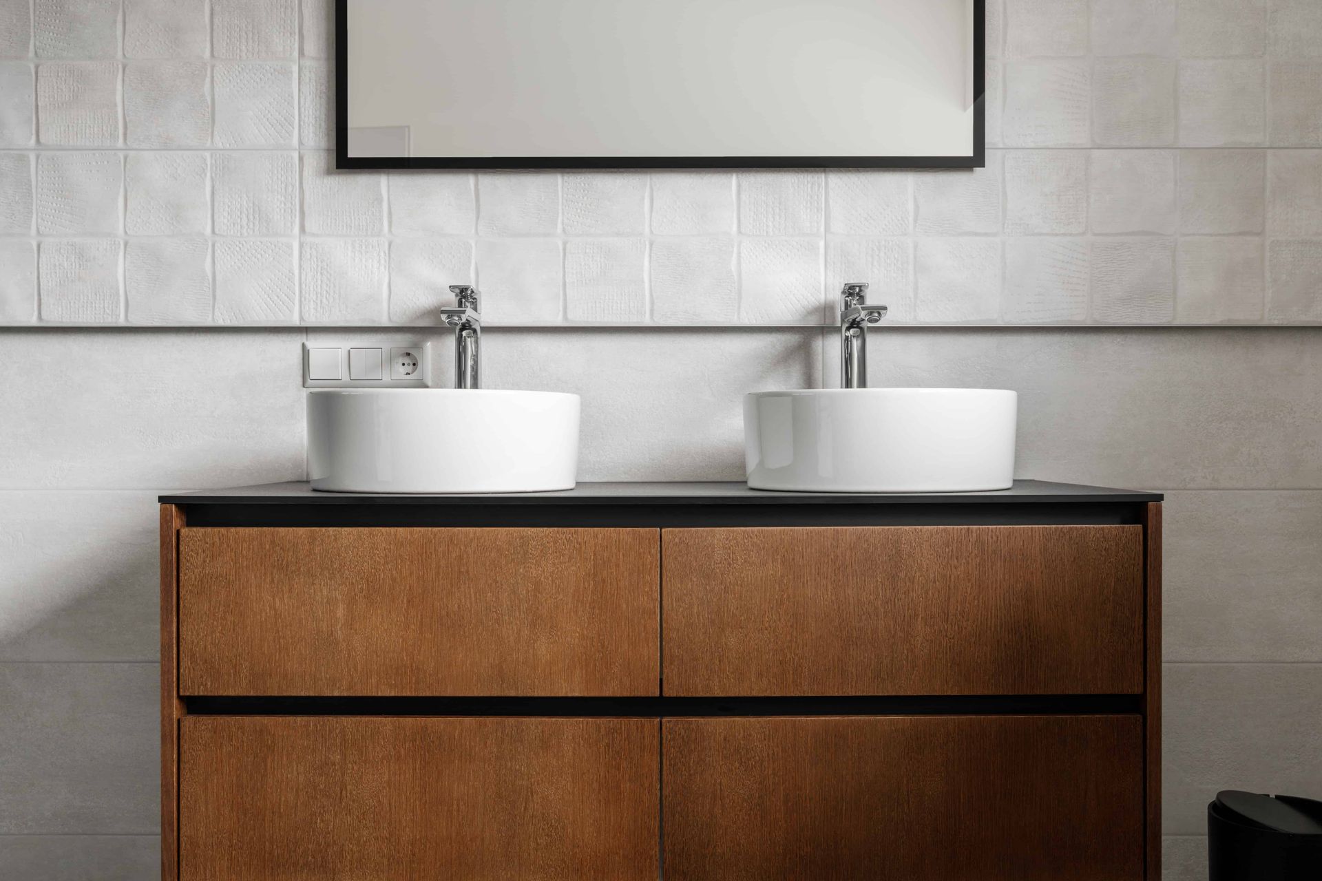 Bathroom cabinets under double, lifted white sinks