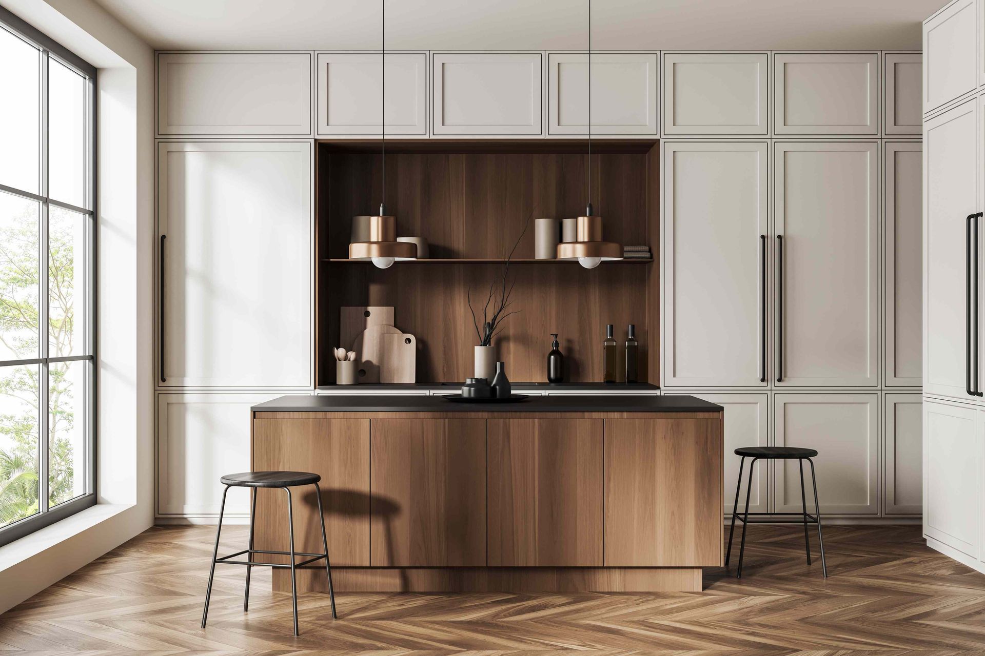 A project featuring cabinet doors painted a dark brown color