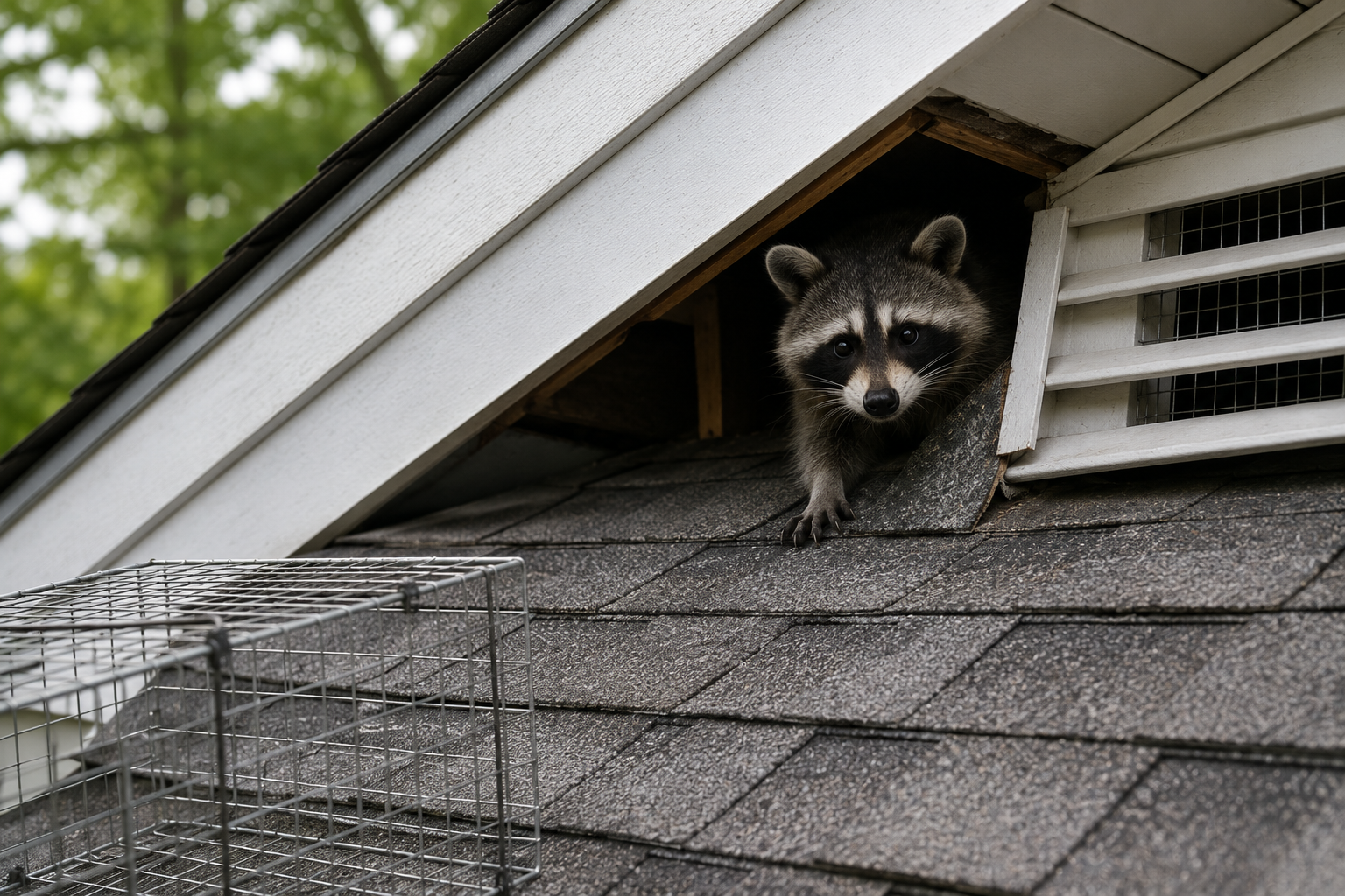 Raccoon peeking out from a roof attic vent above gray shingles