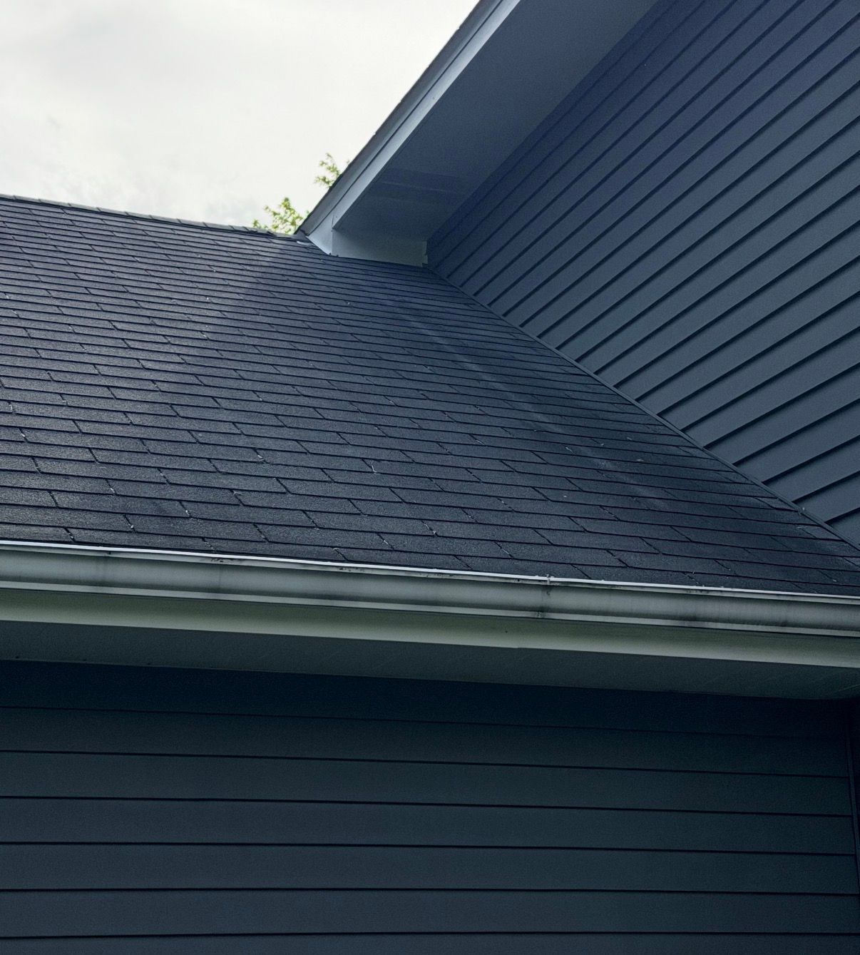 Dark gray shingled house roof with white trim and blue-gray siding under a cloudy sky
