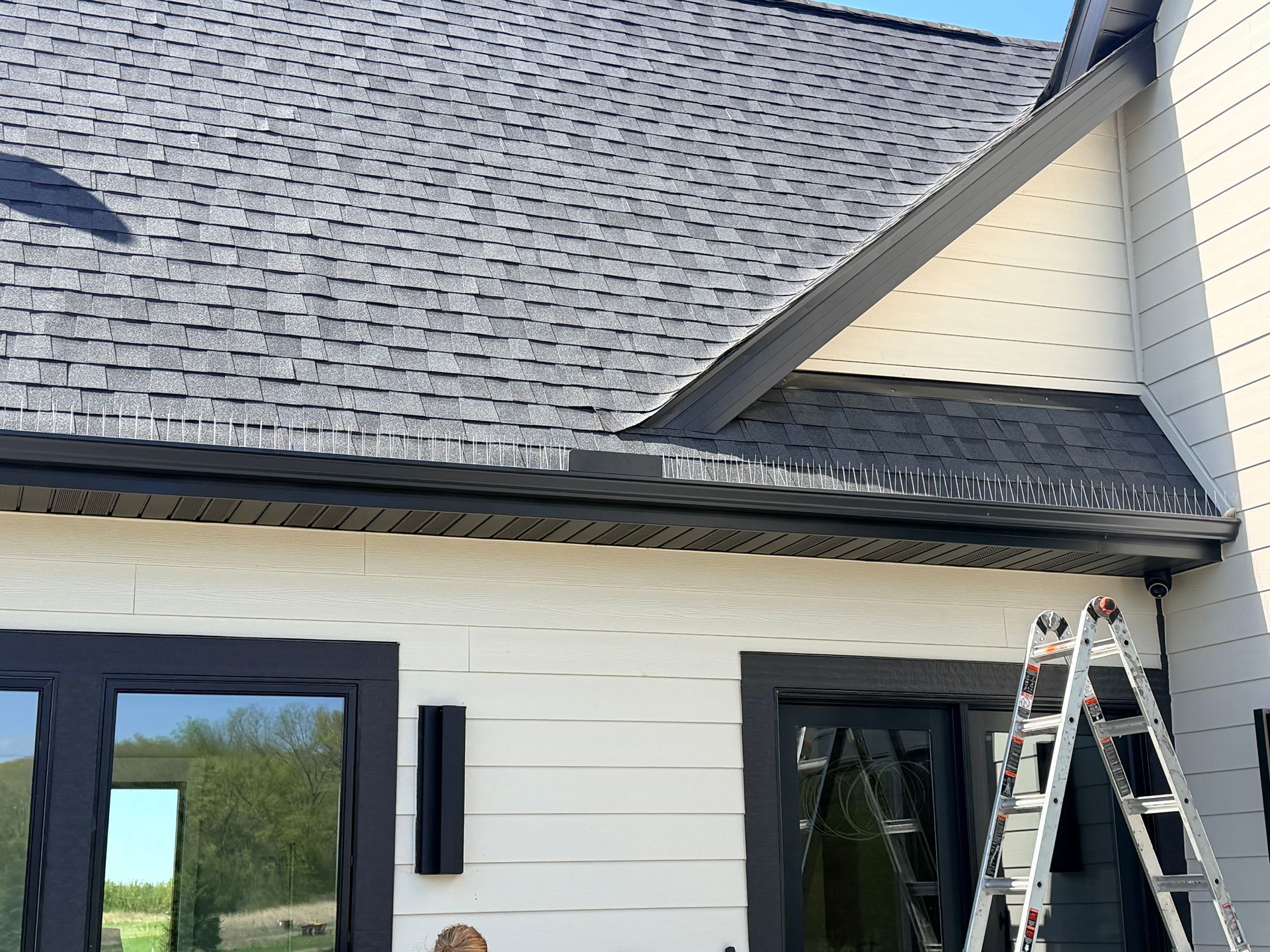 House exterior with dark gray roof, white siding, and a ladder leaned against the wall near a window.