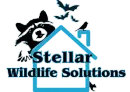 Stellar Wildlife Solutions logo with black bat, roof outline, and bat silhouettes in blue and black