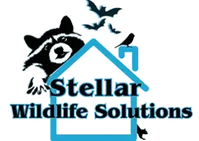 Logo for Stellar Wildlife Solutions with black bat and wildlife silhouettes over a blue roof outline