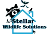 Stellar Wildlife Solutions logo with black bat, roof outline, and bat silhouettes in blue and black