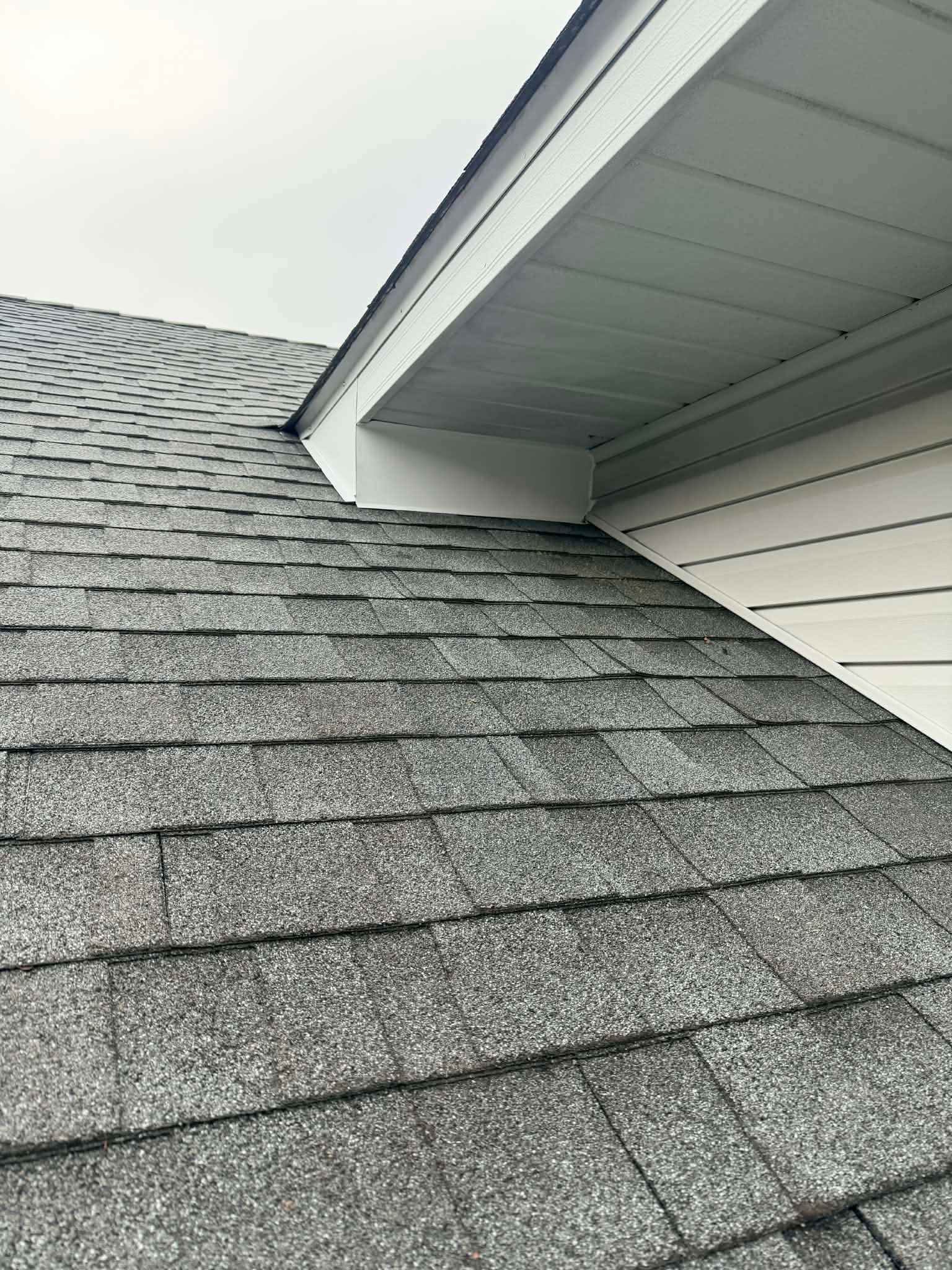 Close-up of a gray shingled roof meeting white siding and eaves under an overcast sky