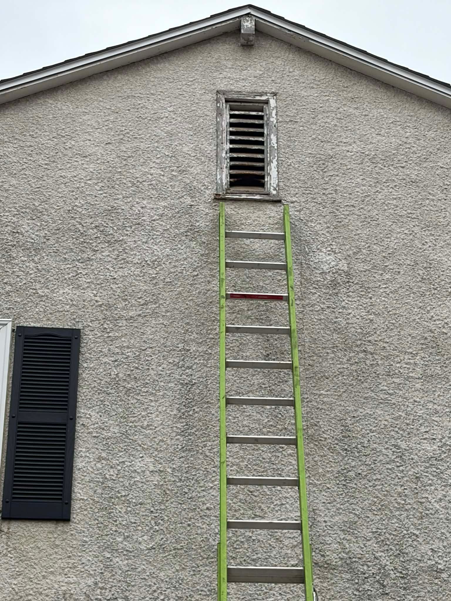 Green ladder leaning against a gray stucco house up to a small attic vent