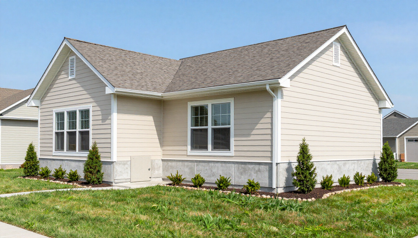 Single-story beige house with white trim, gray roof, and small shrubs on a green lawn