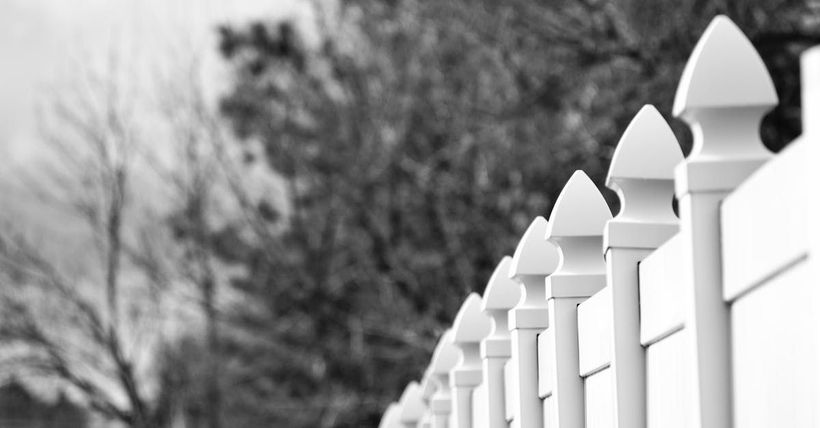 White picket fence with pointed posts beside a blurred black-and-white tree line