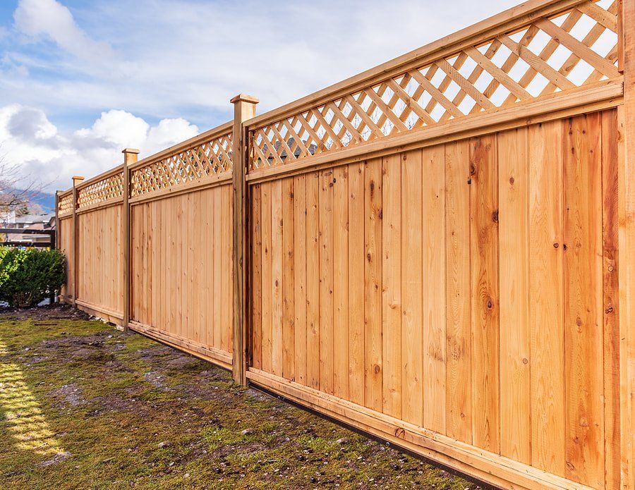 Wooden privacy fence with lattice top along a yard under a partly cloudy sky