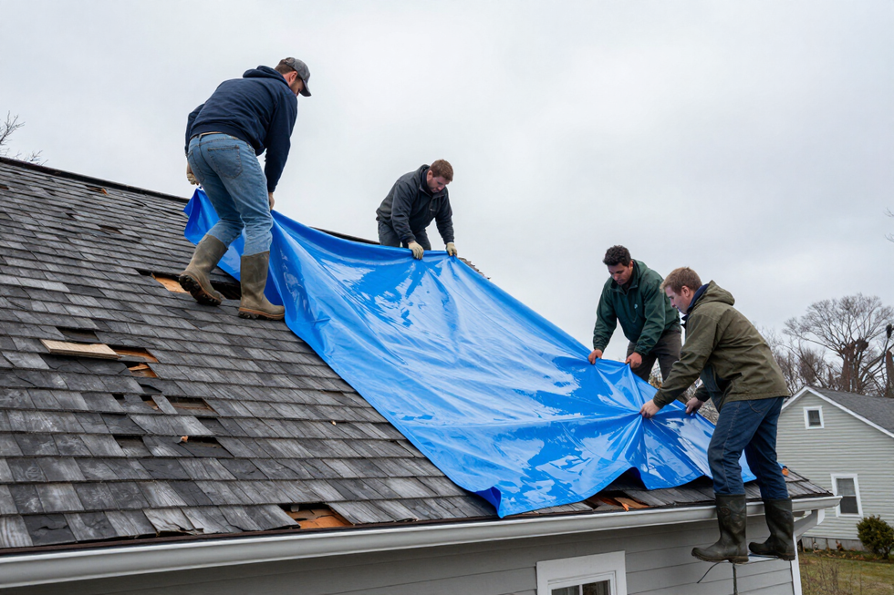 Emergency roofing crew applying blue tarp to storm-damaged roof