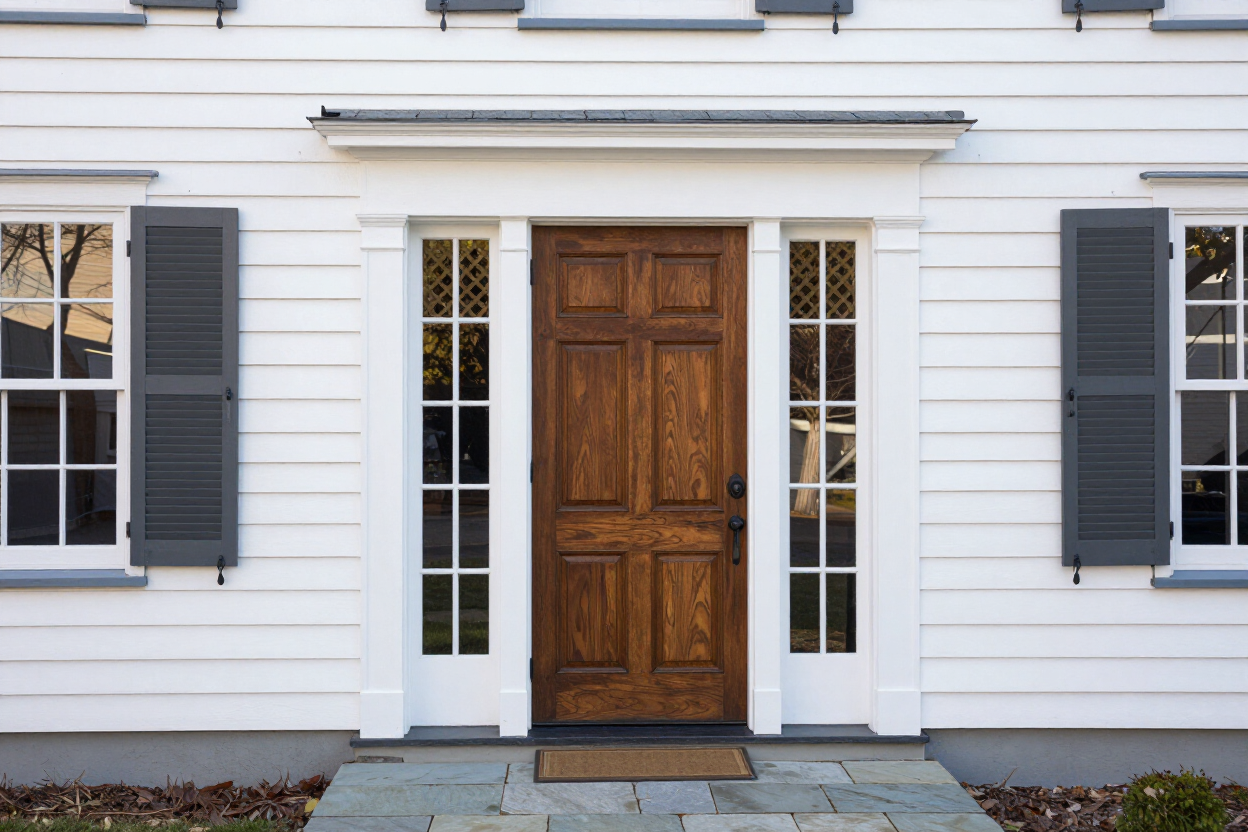 New entry door with sidelights on a New England home
