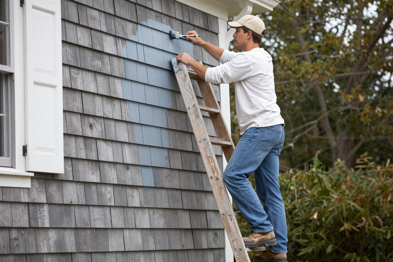 Painter applying exterior paint to a New England clapboard house