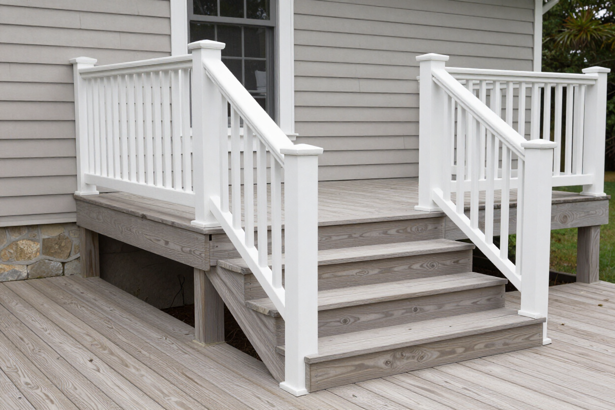 New pressure-treated deck with composite decking and white railings on a New England home