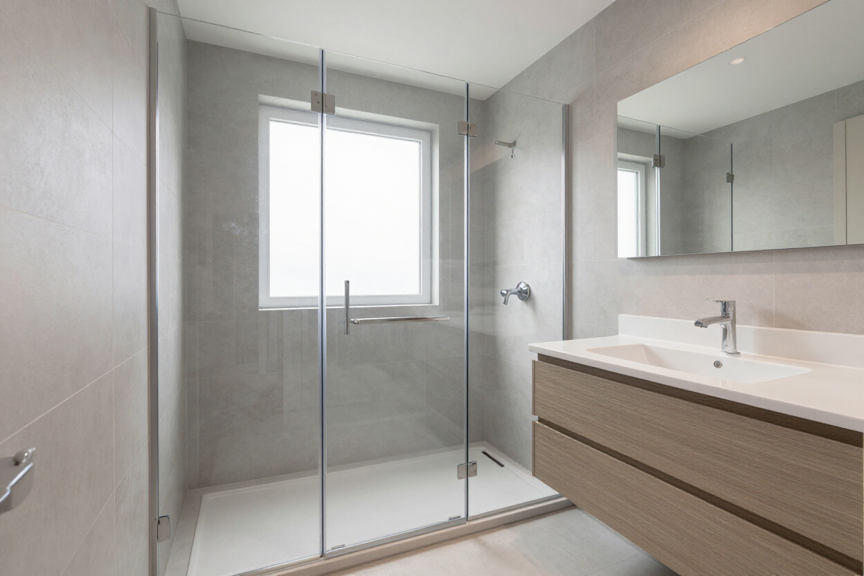 Freshly remodeled bathroom with frameless glass shower and modern vanity